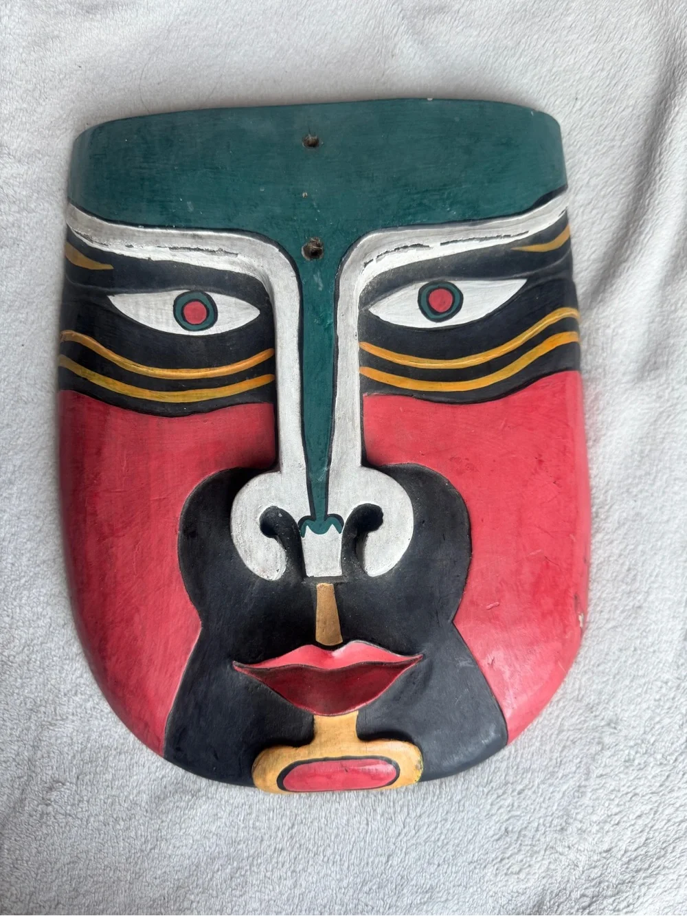Handcrafted Tribal Mask Art in Red, Black & Teal Vintage Wall Hanging